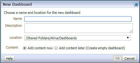 The new dashboard window with empty fields.